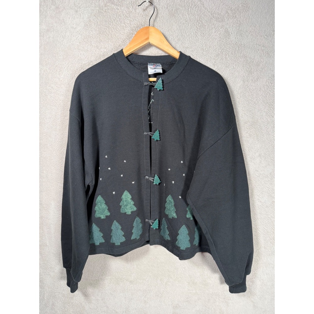 Vintage Jerzees Christmas Tree Cardigan Sweatshirt Black XL Made in USA Holiday